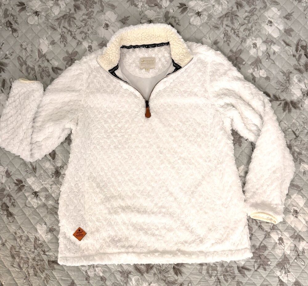 Simply Southern Sherpa Pullover Medium White 1/4 Zip Fleece Cozy Soft Jacket